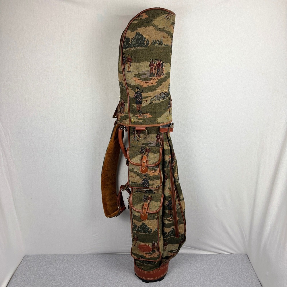 Vintage Daiwa Coach Collection Tapestry Golf Bag w Rain Hood Brown Green Leather